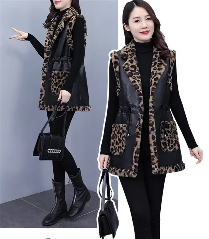 High-End Design Rabbit Plush Leopard Vest Female Autumn Winter Women\'s Leather Waistcoat Jacket Mid-Length Thick Faux Fur Coat