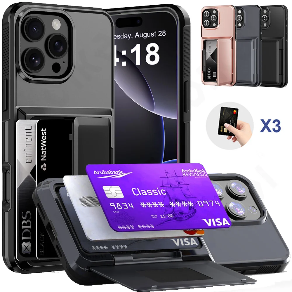 Case For iPhone 16 15 14 13 12 11 Pro Max Plus Wallet Credit Card Holder ID Card Slot Heavy Duty Protection Shockproof Cover