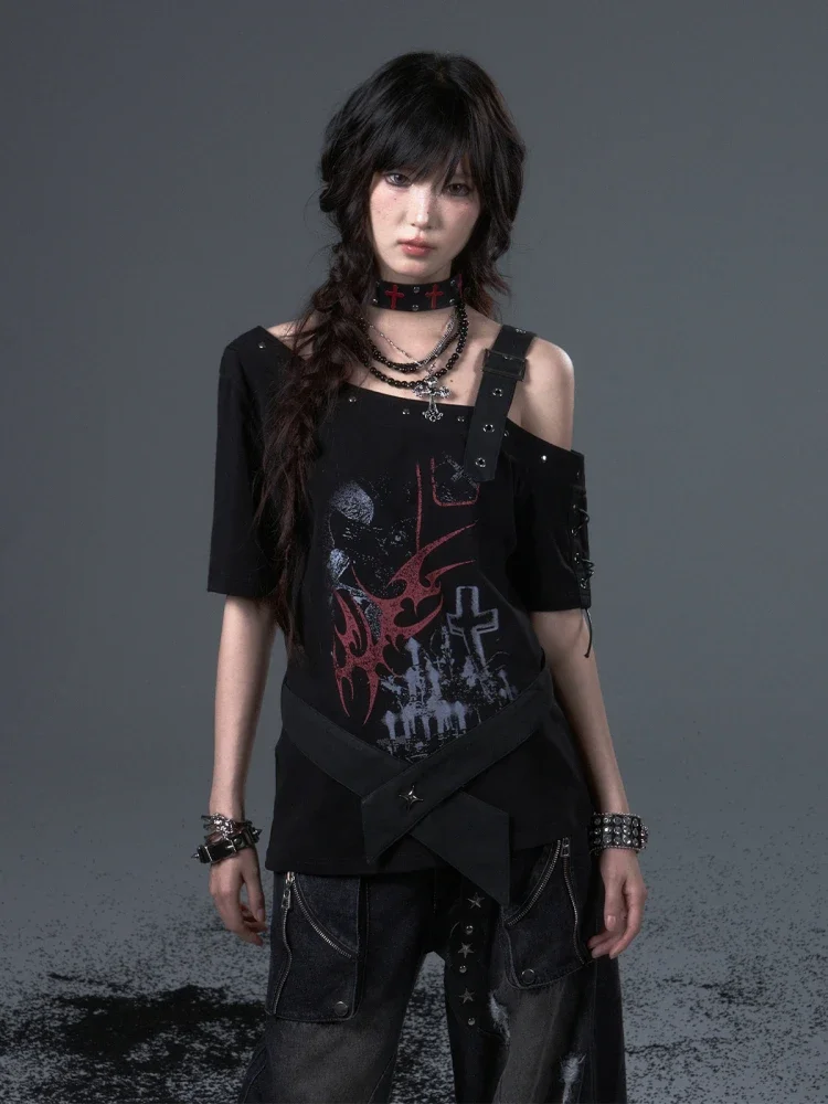 IMU Frustration Garden Original Punk Subculture Printing Short Off Shoulder Sleeve Sashes Loose Casual Tshirt Summer Tee Tops Wo