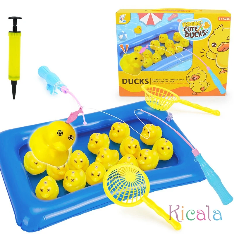 Jogo de pesca inflável do pato para crianças pré-escolares, piscina da lagoa com 10 patinhos, brinquedo flutuante magnético, montessori