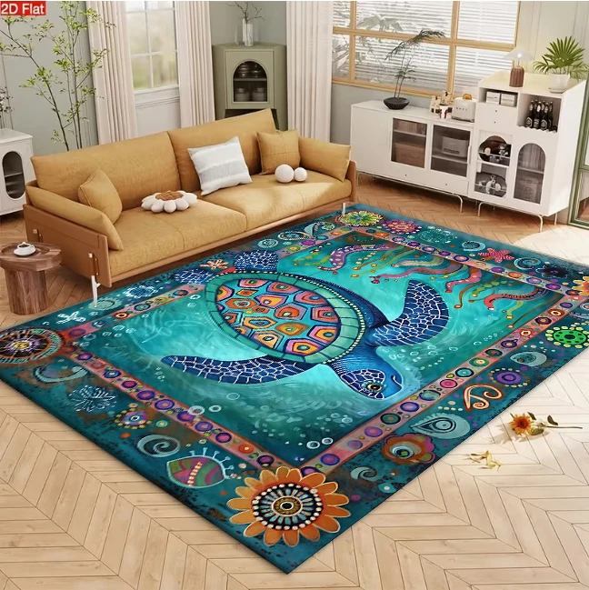 Boho Colorful Sea Turtle Ocean Art Carpet Flooring Square Area Rug Creative Home Living Room Kids Bedroom Floor Mat