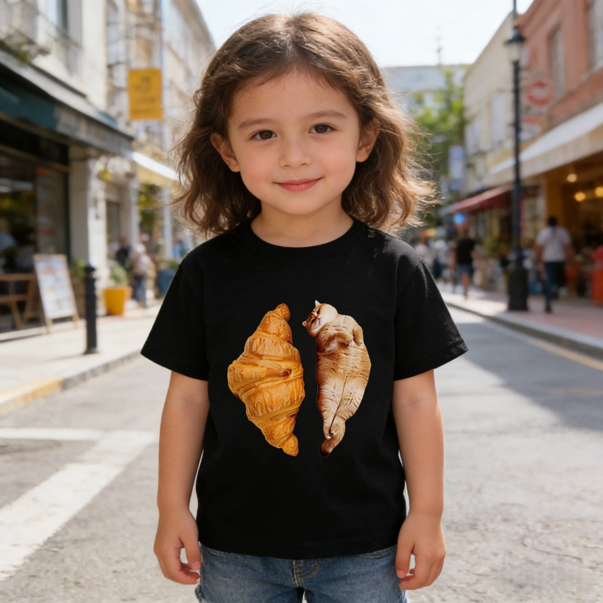 Cute Croissant Cat Print Kids Casual T-Shirt Cotton Soft Loose Machine Washable for Outdoor Sports Daily Play