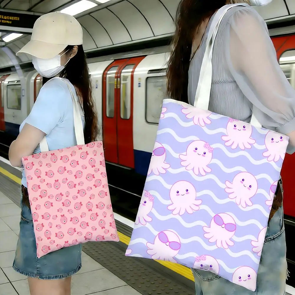 Colorful Fascinating Marine Fish And Octopus Storage Bags Shopping Bags Series Print Bags Lightweight Shoulder Bag For Daily Use