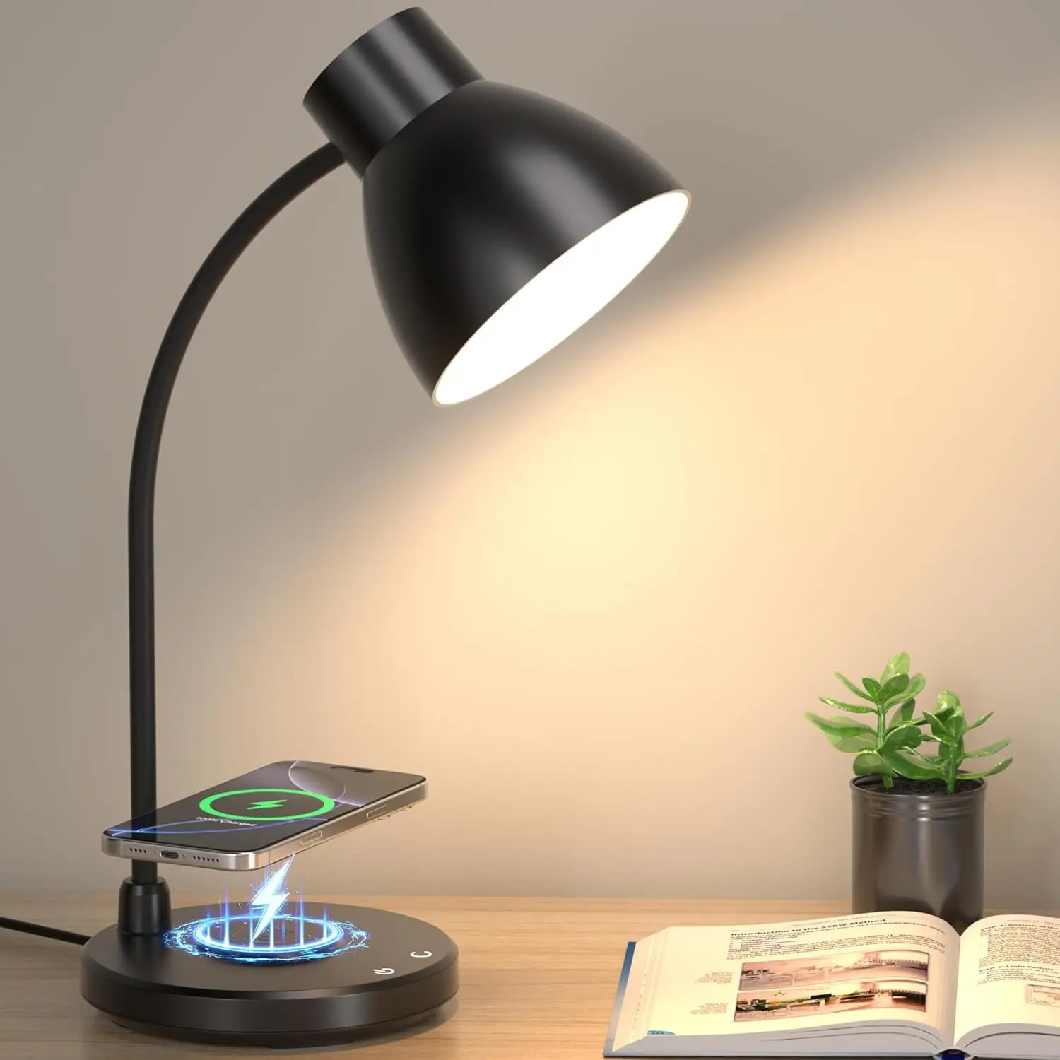 Luminária de Mesa LED com Carregador Sem Fio, 3 Modos de Cor, Luz Regulável que Cuida dos Olhos para Casa, Escritório, Estudo e Leitura, Braço Flexível Preto