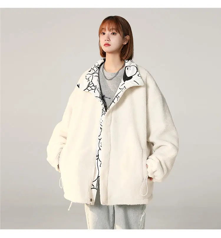 Reversible Women Fluffy Jacket Stand Collar Loose Plush Jacket Warm Outwear Oversized Faux Lamb Coats Women