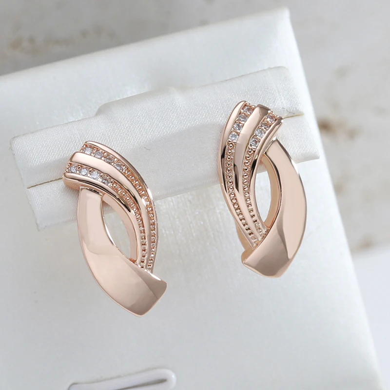 Luxury 585 Rose Gold Shiny Dangle Earrings Geometric Lines Smooth Natural Zircon Earrings for Women Engagement Fashion Jewelry