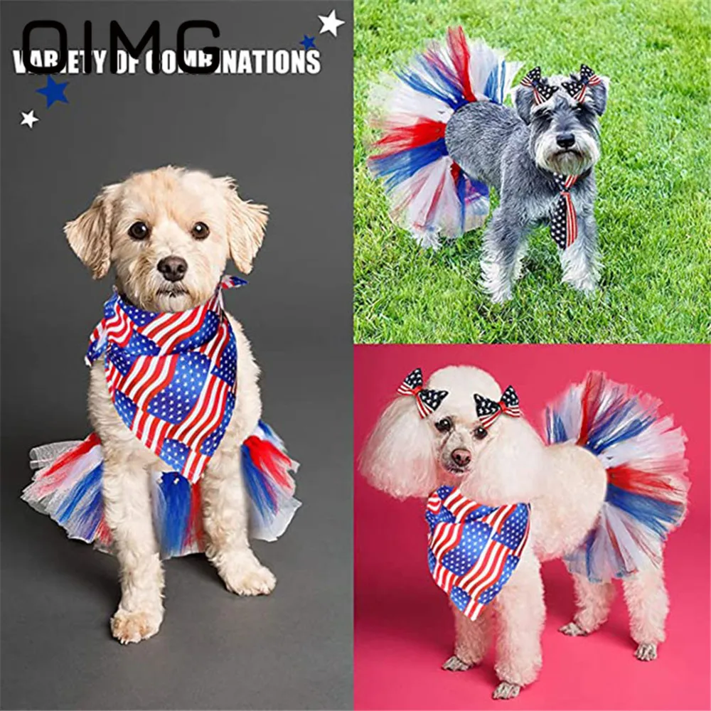 OIMG American Independence Day Dog Saliva Towel Pet Cat Mesh Tutu Skirt Puppy Dress Up Party Supplies 2Pc Set Schnauzer Papillon