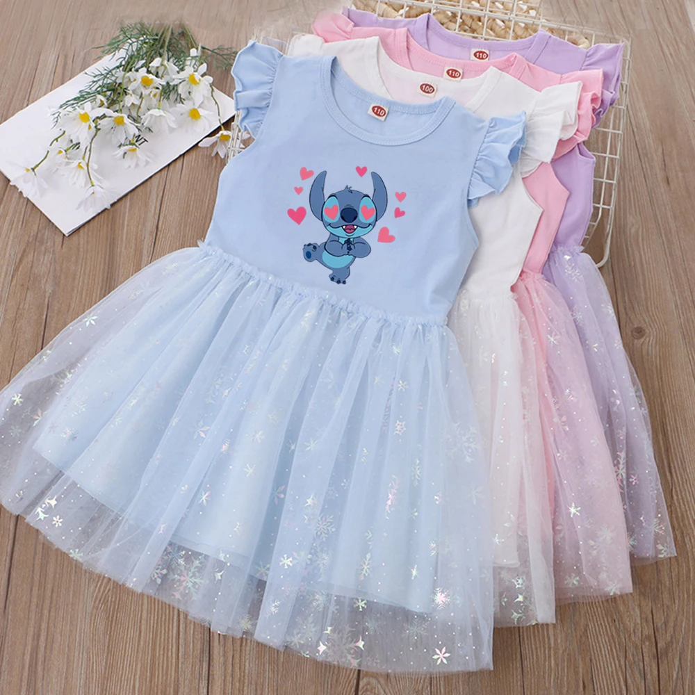 

2025 New Summer Girls Clothes Disney Princess Dresses Flying Sleeve Kids Dress Party Baby Dresses for Children Clothing Stitch