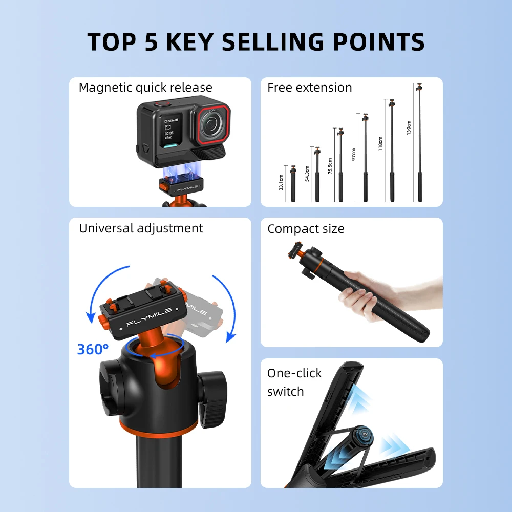 Flymile Stativ für Insta360 X6/X5/Ace Pro 2 Kamera Schnellwechselhalterung Stativ Selfie-Stick 140CM Verstellbarer Ausziehbarer Stab – Detail 2