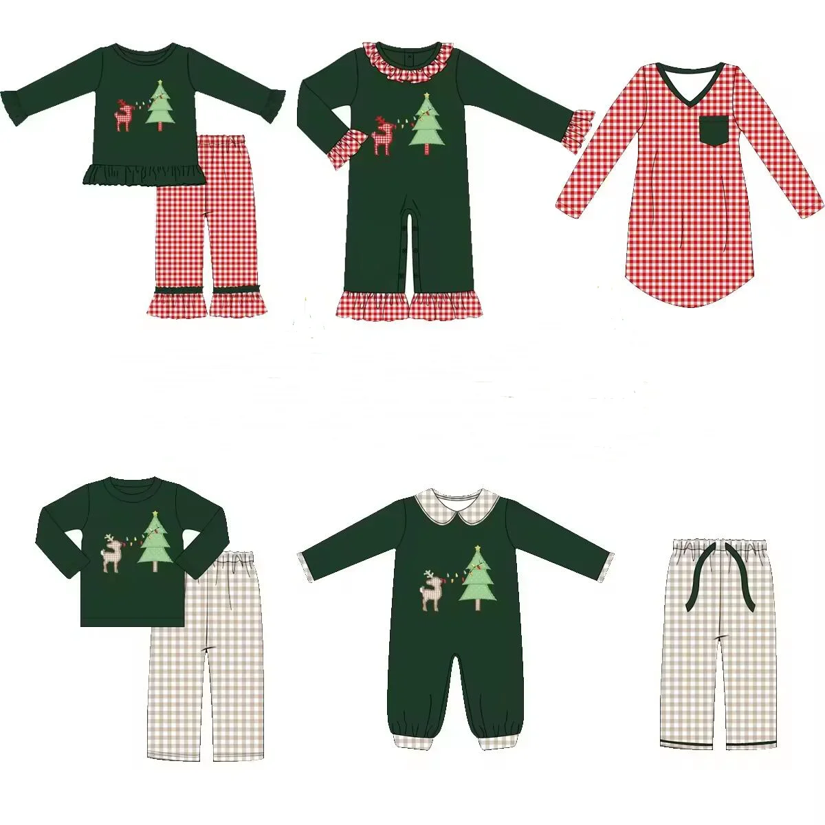 

Christmas boutique children set long-sleeved elasticated Christmas tree printed trousers girl boy plaid pants set baby romper