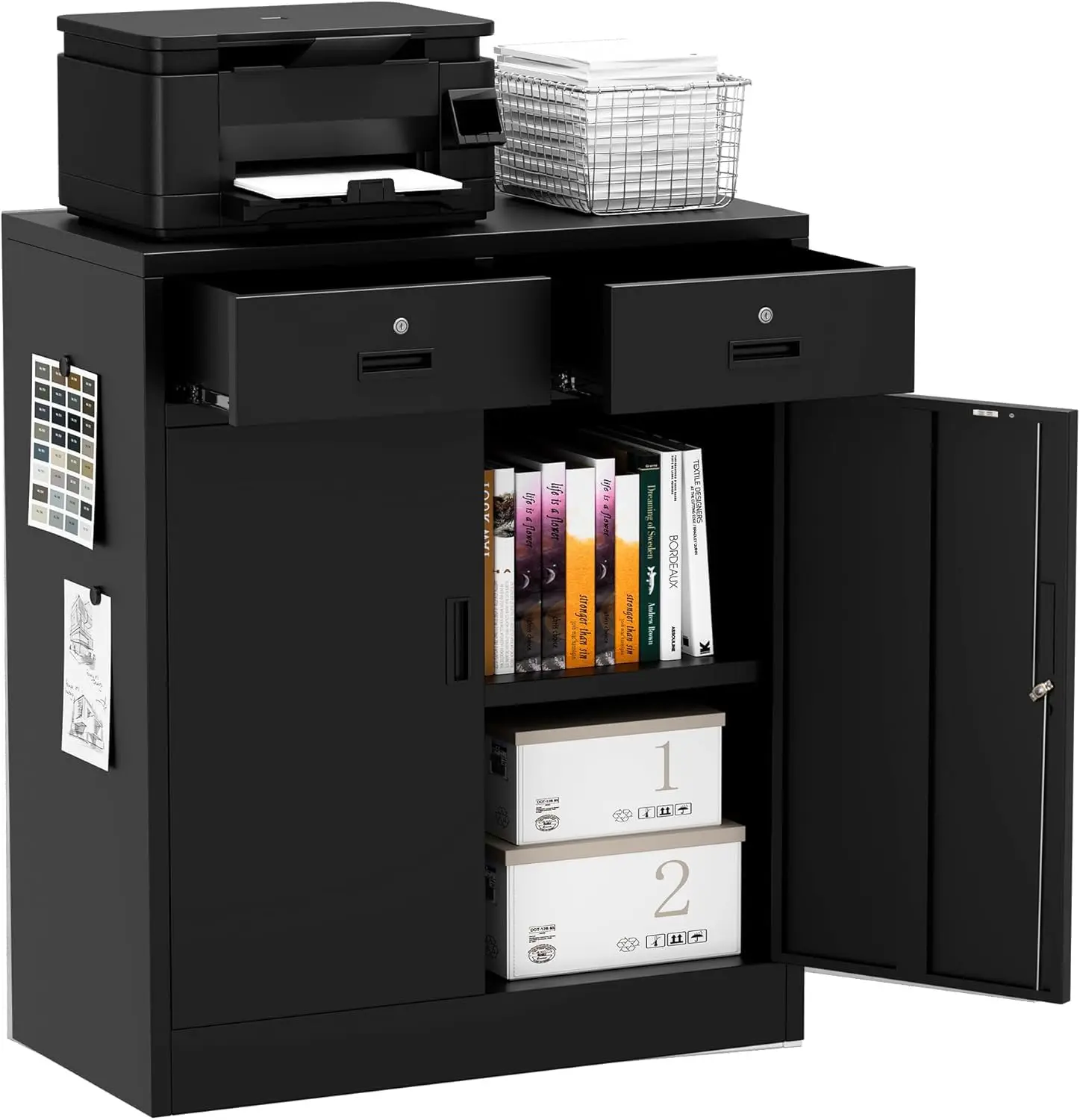 Metal Storage Cabinet, 36 Inch Tall Locking Cabinet with 2 Doors and 2 Drawers, Metal Cabinets with Adjustable Shelf, Garag
