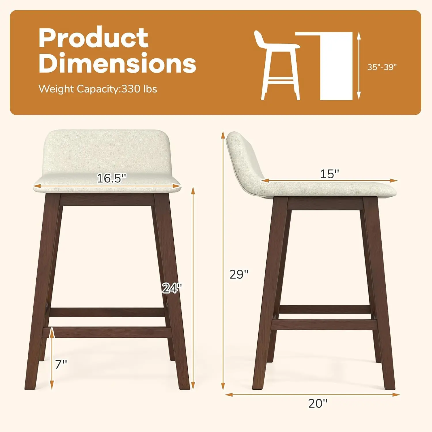 Upholstered Counter Height Bar Stools Set of 2 with Low Back Footrest Armless Wood Kitchen Dining Room 24 Inch, Customized