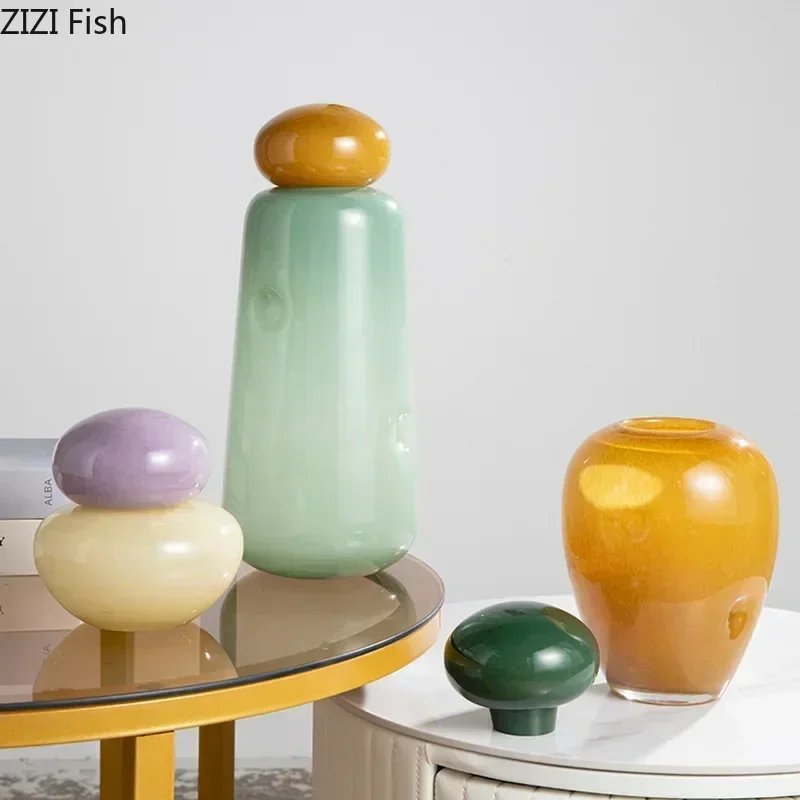 Desk Arrangement Decoration Flower Flower Pots Vases Floral Room Aesthetic Decor Elliptical Stone Colored Glass Vase with Cover
