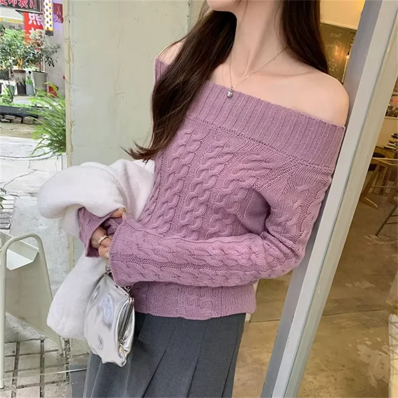 Women Pullovers Long Sleeve Knit Slash Neck Autumn Winter Outwear Solid Color Slim Tops Korean Style Off Shoulder Twist Sweater