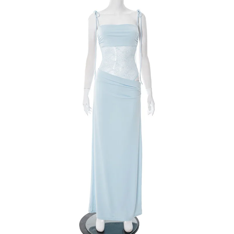 أنيقة الدانتيل قطع فساتين ماكسي للنساء 2025 مثير السباغيتي حزام المرقعة عطلة فستان الحفلات الصيف عارية الذراعين فستان طويل #6