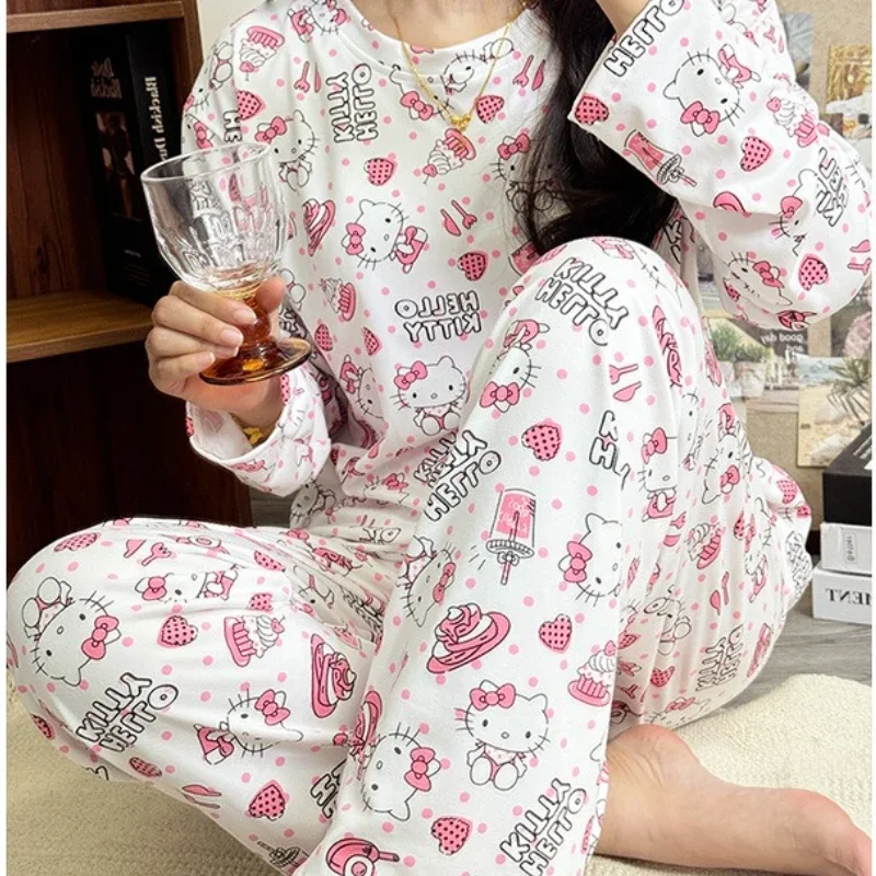 Anime Sanrio Hollo Kitty Cartoon Printed Long Sleeve Pants Set Loose Casual Women Homewear Pajamas T-shirt Pants Two-piece Suit