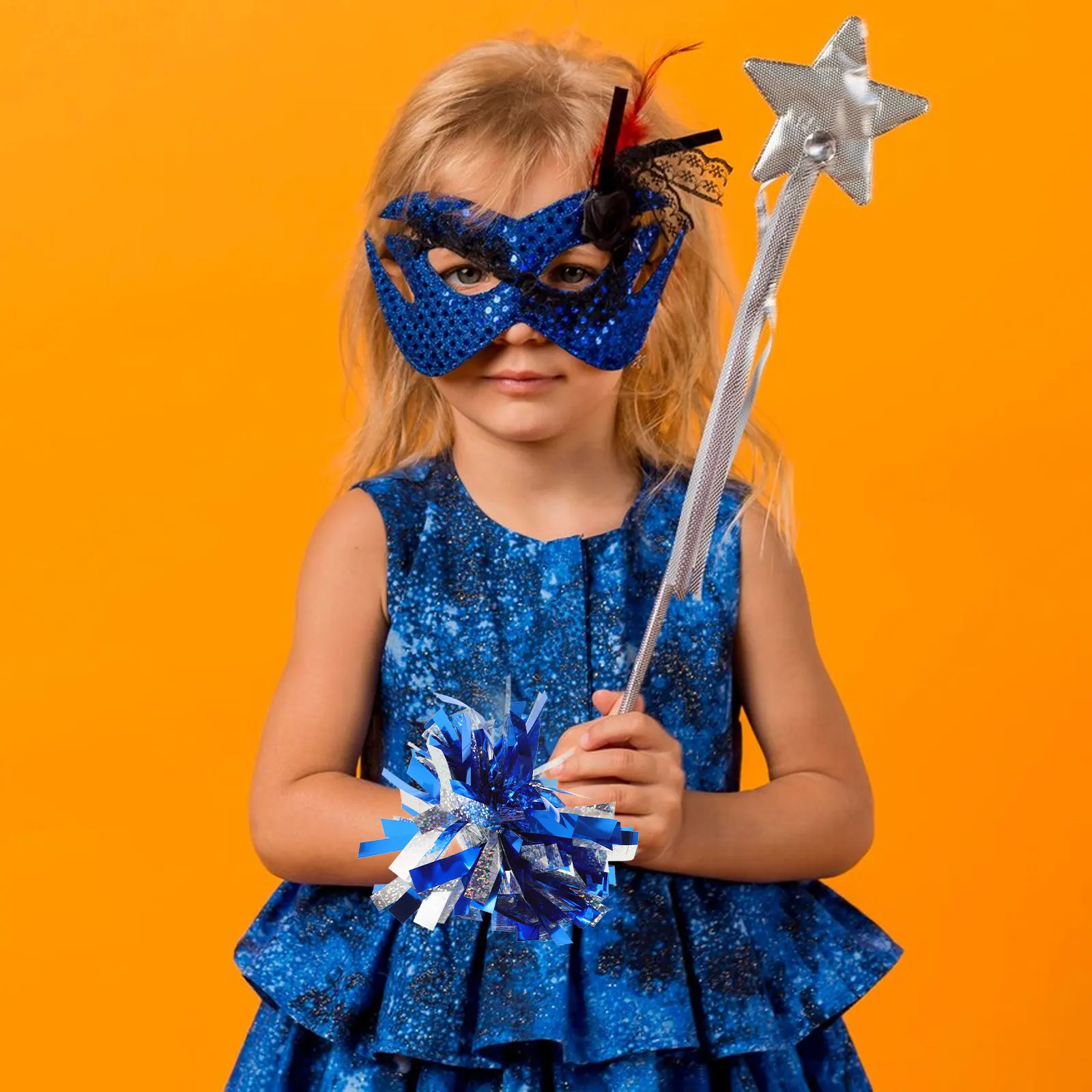 

Помпоны для черлидинга сине-серебристые, в форме цветка, на запястье, с резинкой для волос, для фестивалей, школьных мероприятий, украшения, блестящие