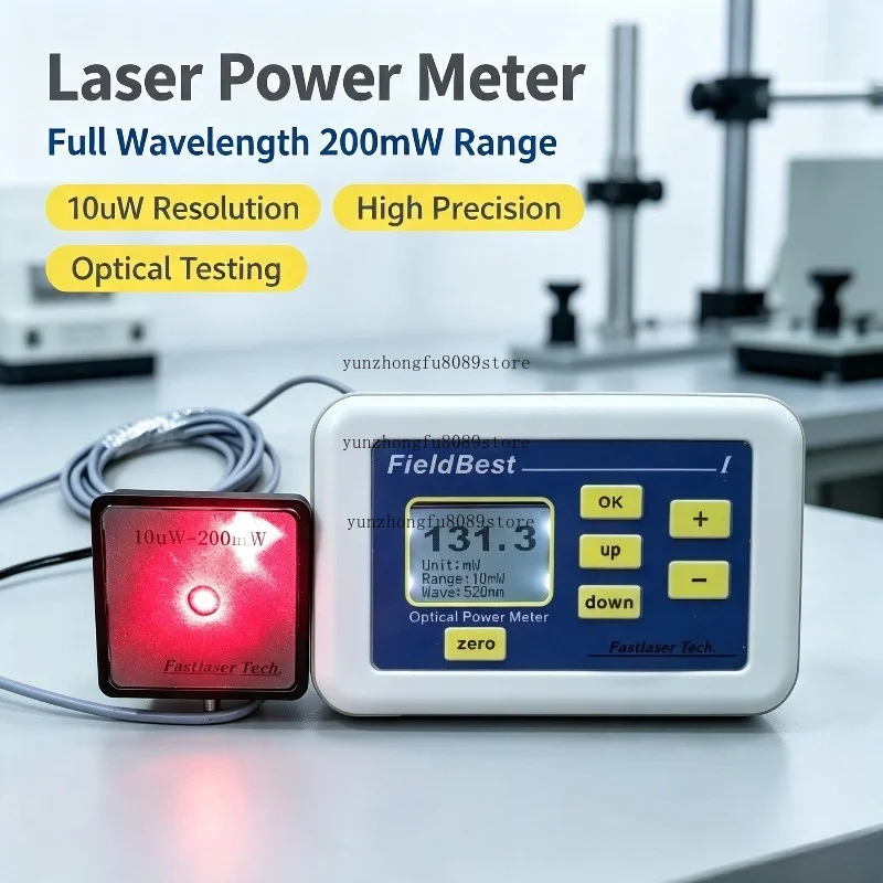 High Precision Optical Power Meter, Full Wavelength 200mW Range 10uW Resolution Power Tester for Laser & Optical Lab Testing