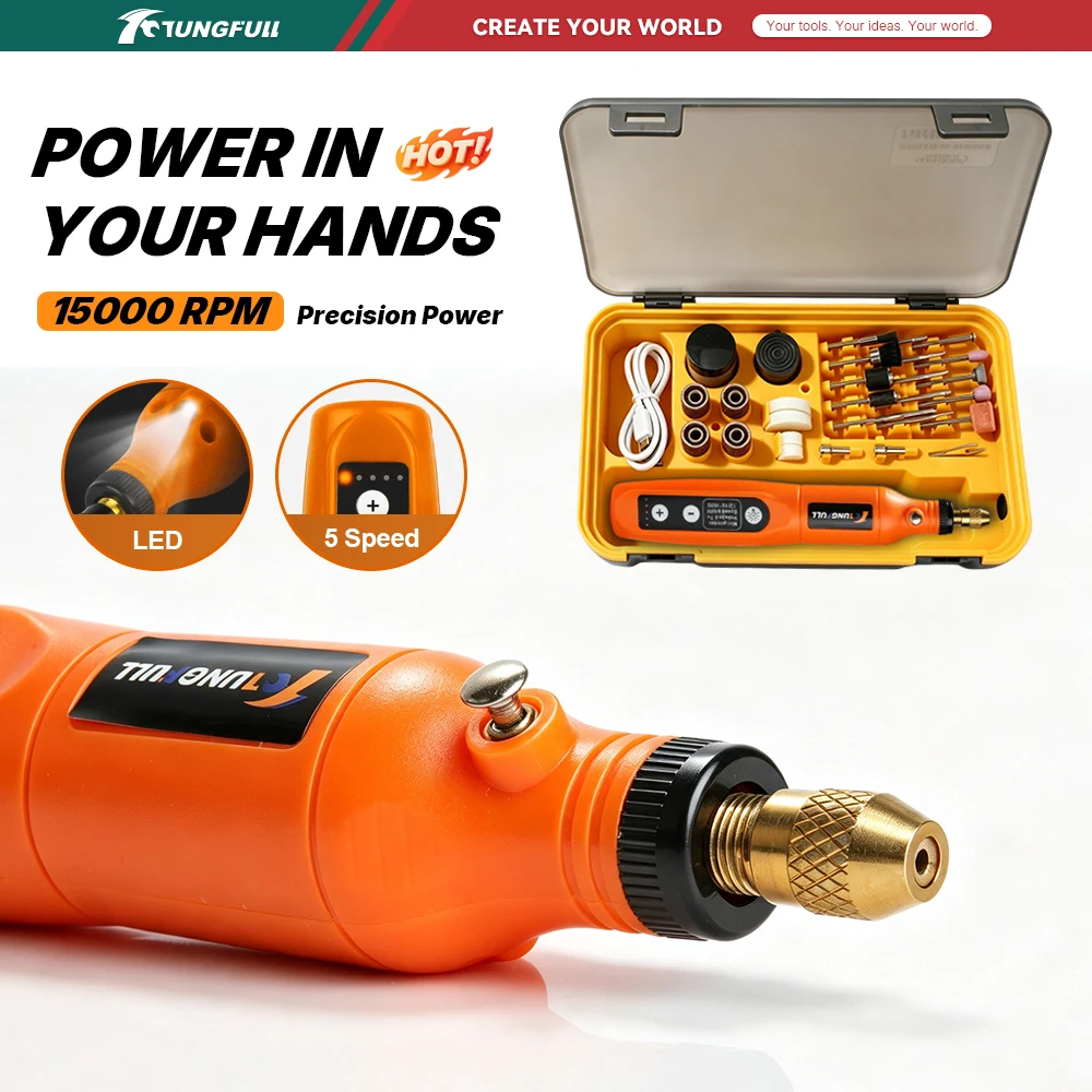 TUNGFULL Electric Engraving Pen 2000mAh 5 Speed Control Mini Cordless Rotary Tool with LED for DIY Woodworking Metal Polishing