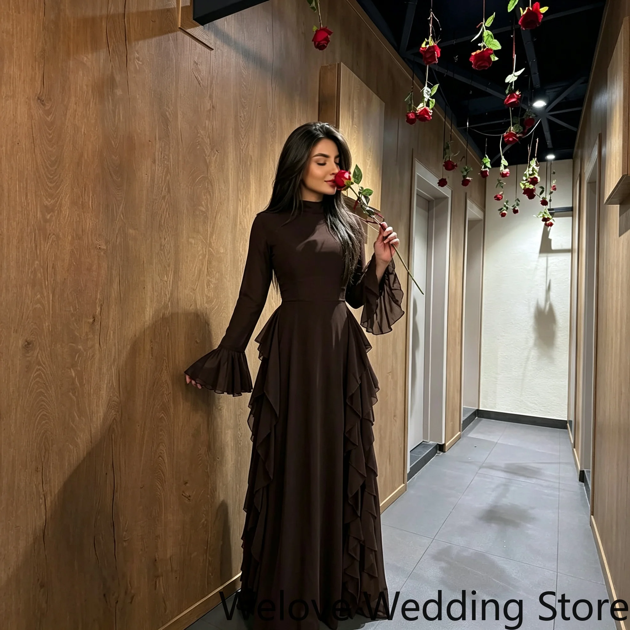 Dark Brown High Neck Modest Prom Dress Long Flared Bell Sleeves Fitted Waist Multi‑Layer Cascading Ruffle Chiffon Flowy A‑Line