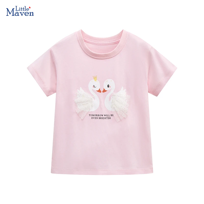 Little maven 2024 Cotton T-shirt Short Sleeves Summer Clothes Little Swan Lovely for Baby Girls Kids Pink Tops Tees 2 to 7 year