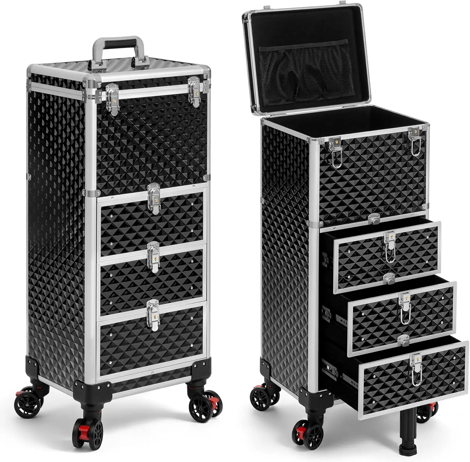

Rolling Makeup Train Case with 3 Drawers, Salon Trolley Cart on Wheels for Nail Tech, Hairstylist, Makeup Artist, Silver & Black