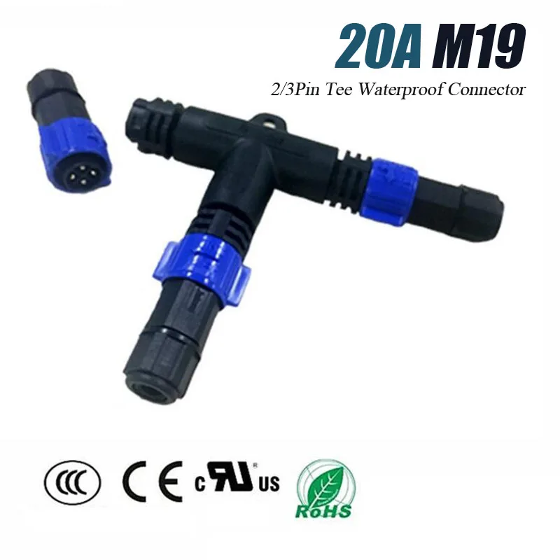 2Pin 3Pin M19 Tee Waterproof Connector 20A Self-locking T-type Male Female Head Plug Large Current Assembled Joint Welding Wire