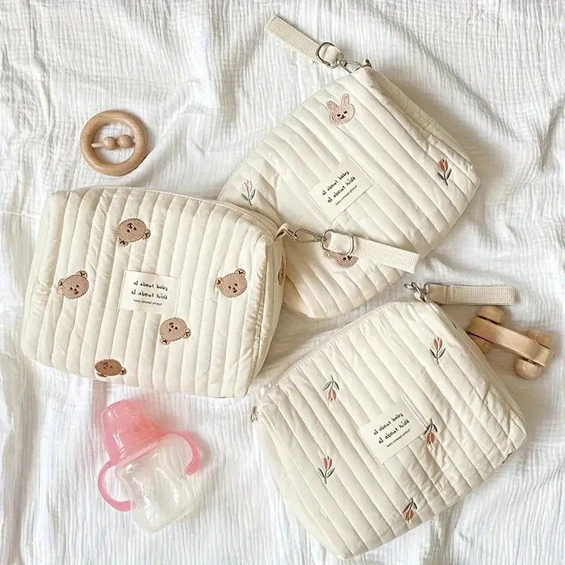 Portable Cotton Storage Bag Zipper Embroidery Diaper Bag Reusable Nappy Sanitary Pads Organizer Stroller Bags Cosmetics Handbag