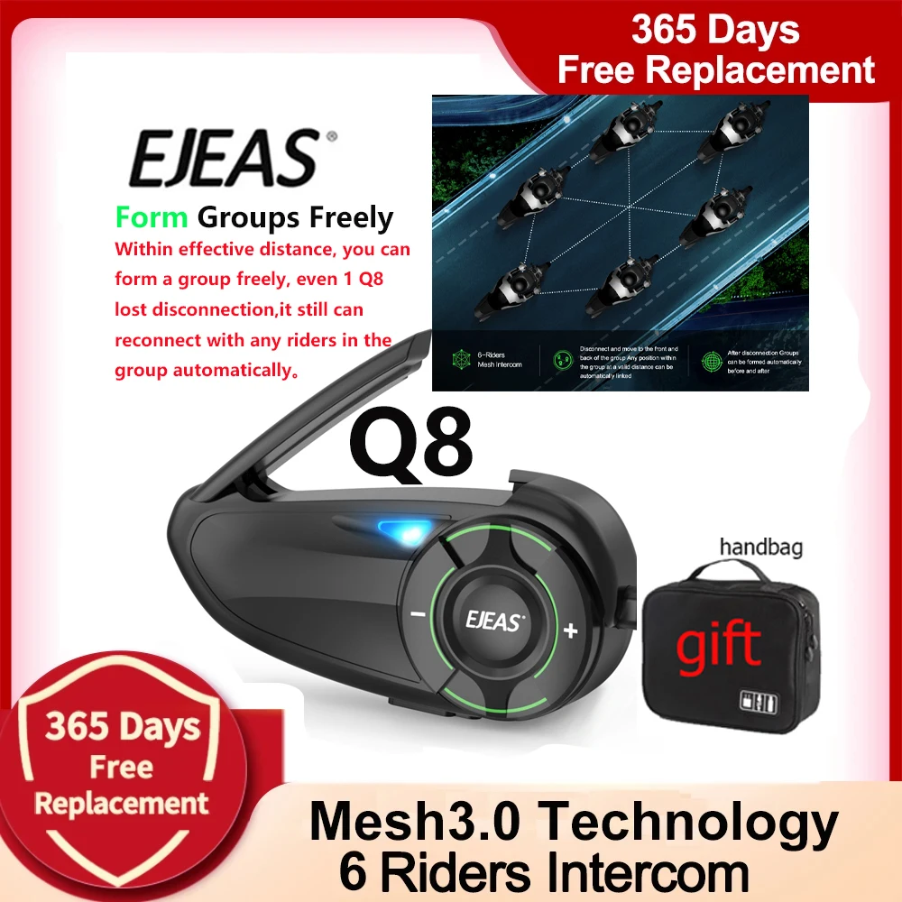 

EJEAS Q8 Motorcycle Mesh Group Intercom Helmet Bluetooth Headset For 6 Riders Talking At The Same Time Gift handbag