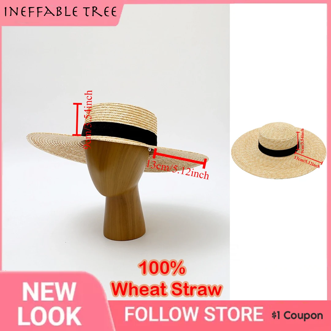 13CM Brim Chic French Elegant Straw Hats for Women Hepburn Wheat Straw Hat Boater Ladies Vacation Flat Top Beach Sun Cap Gorro