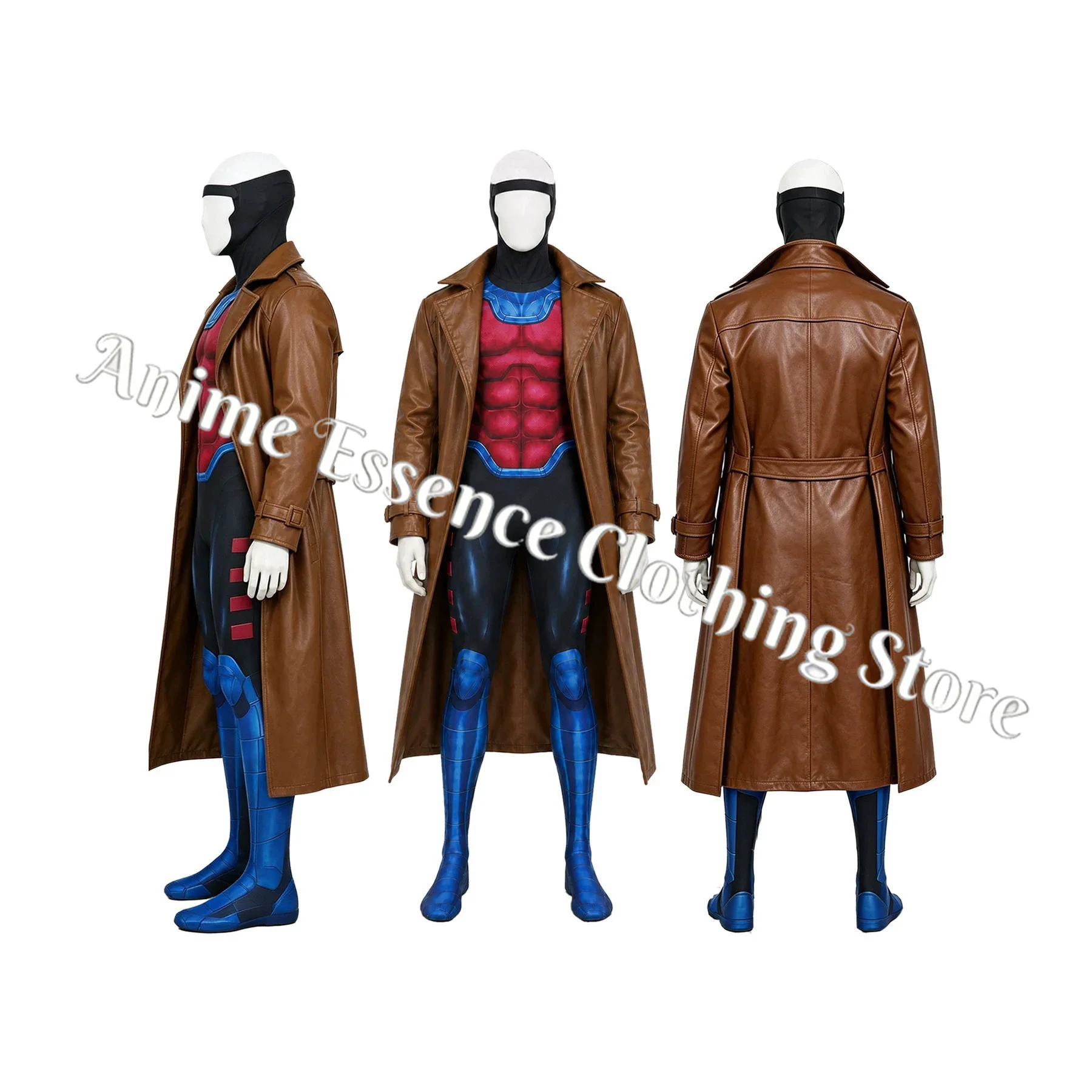 Anime X Gambit Remy Cosplay Costume Battle Suit Leather Long Trench Jumpsuit Mask Set Superhero Halloween Carnival Party Outfits