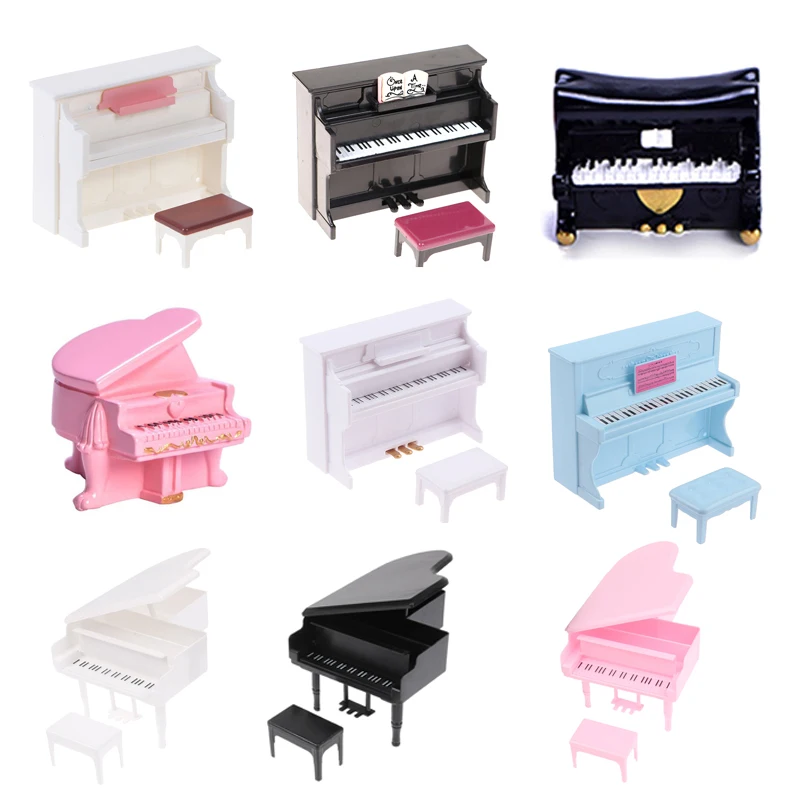 New 1/12 Dollhouse Mini Piano with Stool Musical Instrument Model for Doll House Accessories Decor Miniature Retro Piano Set