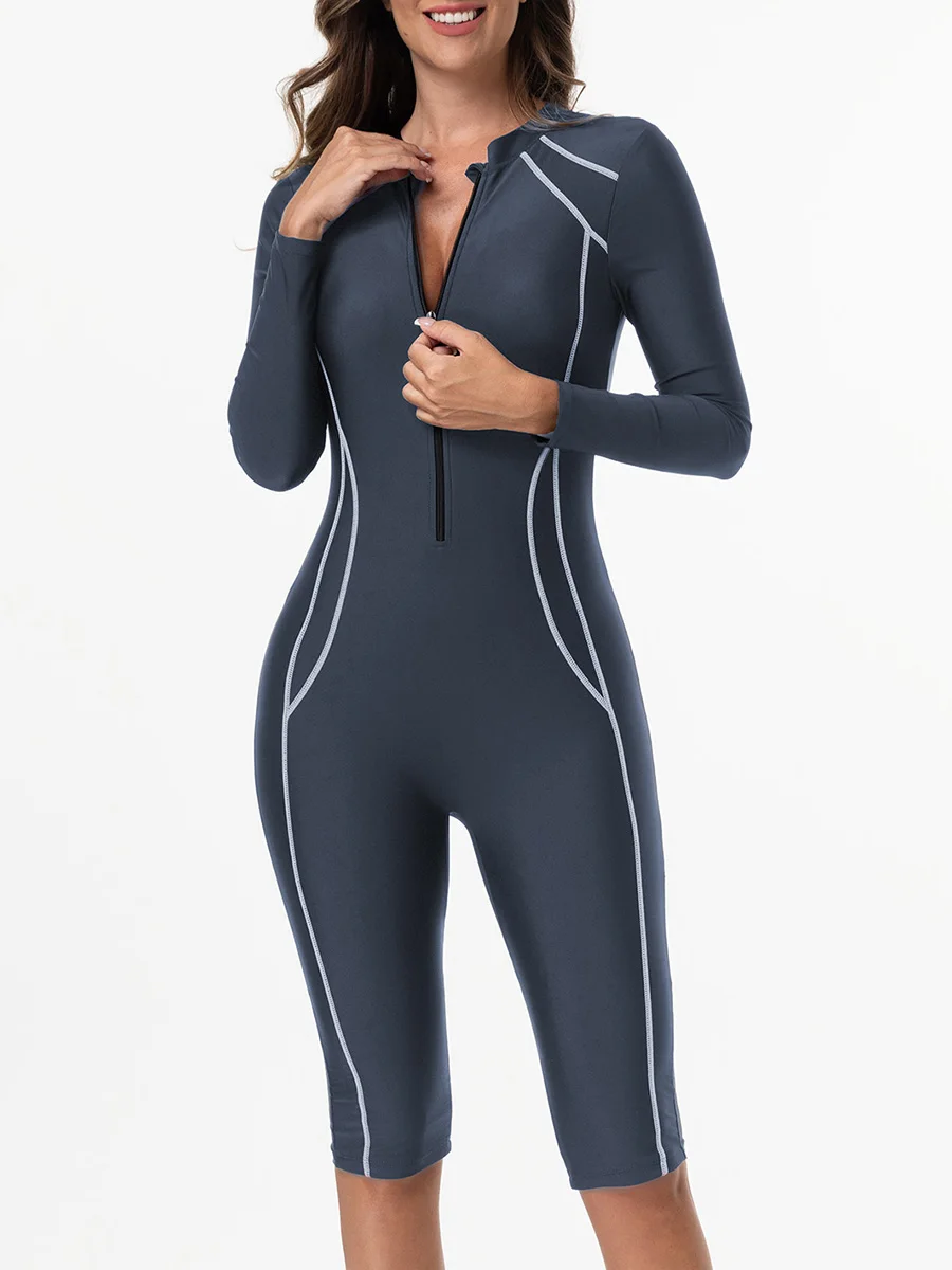 2026 سستة ضئيلة قطعة واحدة ملابس السباحة النساء طويلة الأكمام و الركبة ملابس السباحة الإناث الاستحمام السباحة بدلة ركوب الأمواج بحر