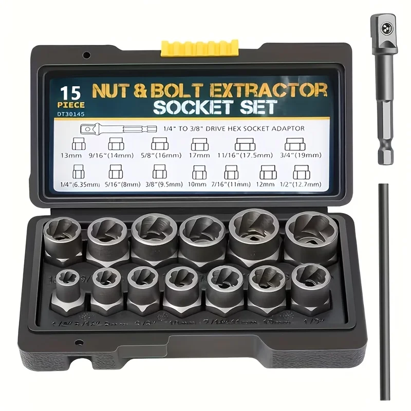 

Набор для извлечения гаек, 15 шт. | Набор включает 13 предметов: 13 съемников для болтов и гаек, 1 железный стержень для застрявших гаек, 1 шестигранник с приводом 1/4" на 3/8".