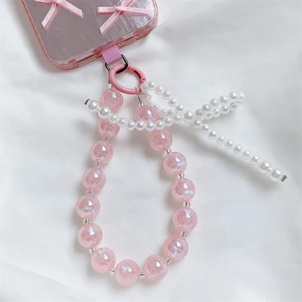 Korean Cute 3D Pearl Bowknot Beaded Pendant Keychain For Car Keys iPhone Accessories Girl Keyring Women Bag Chain Hanging Rope