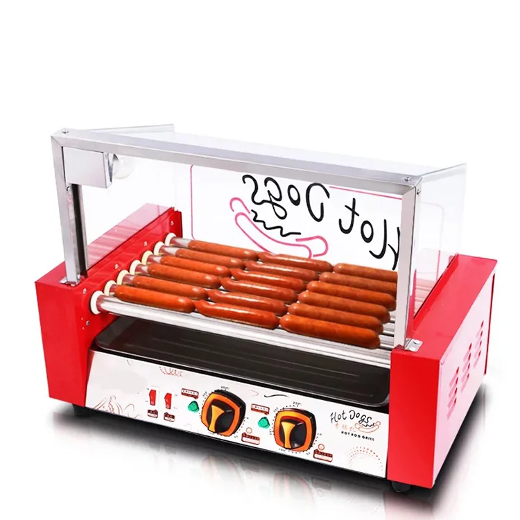 Hot Dog Commercial 7 Rollers Snack Equipment Red Electric Automatic Hot Dog Making Machine