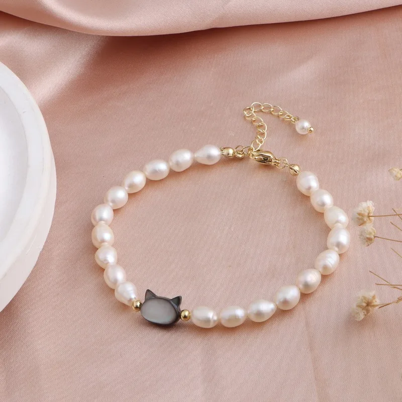 Minar Cute Real Gold Plated Copper White Purple Natural Shell Cat Head Freshwater Pearl Strand Bracelets for Women Accessories