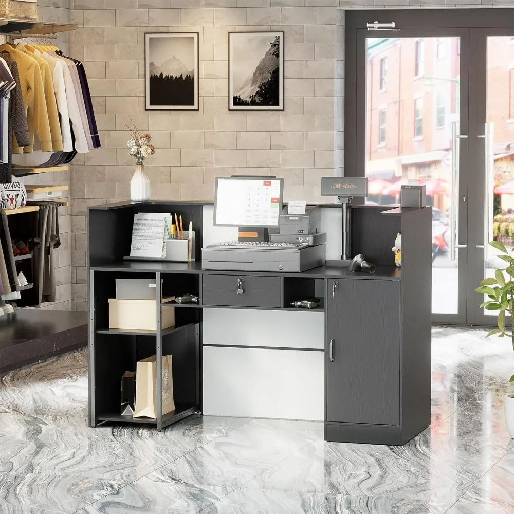 PAKASEPT Modern Reception Desk with LED Lights, 63 Inches Front Counter Table with Lockable Drawer & Shelves, Checkout Counter f
