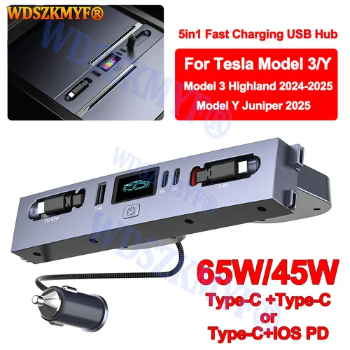 Para Tesla nuevo modelo Y Juniper 2025 modelo 3 Highland 2024 65W 45W Control Central de carga rápida TPYE-C base de expansión de concentrador USB