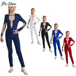 Kids Girls Shiny Gymnastics Unitard Body manica lunga Back Keyhole Mesh Patchwork tuta da pattinaggio su ghiaccio tuta da Yoga per tutto il corpo