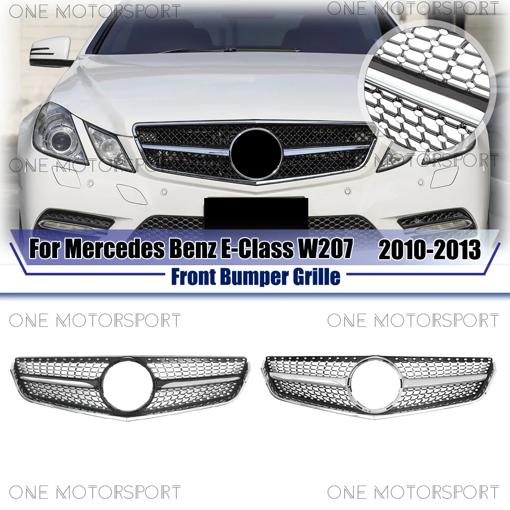 Black Diamonds Style Black Front Bumper Grille For Mercedes Benz E-Class W207 2010-13 E250 E300 E350 Chrome Silver Upper Grille