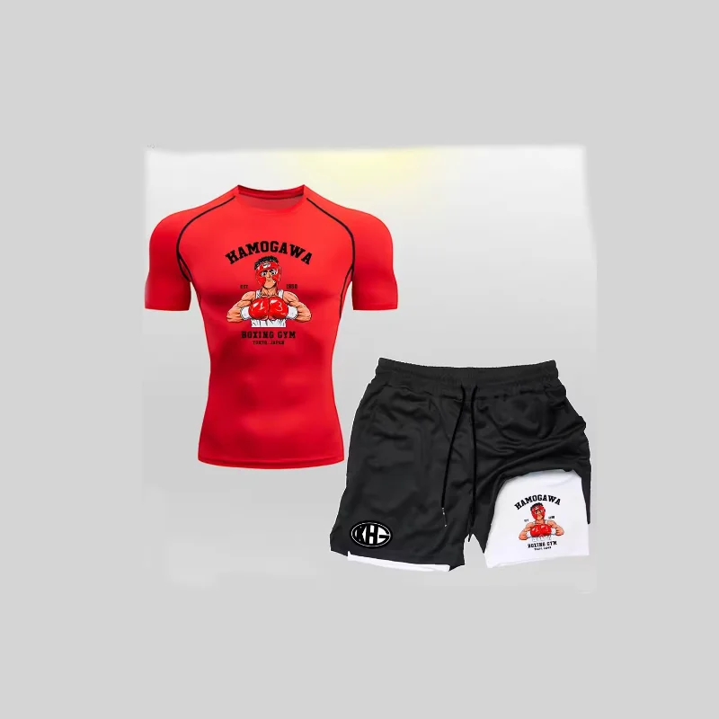 Anime 2 in 1 Shorts Mannen Sport Pak Rashguard Running T-shirt Boksen Gym Sets Training Muay Thai Doubie Dek MMA Fightwear