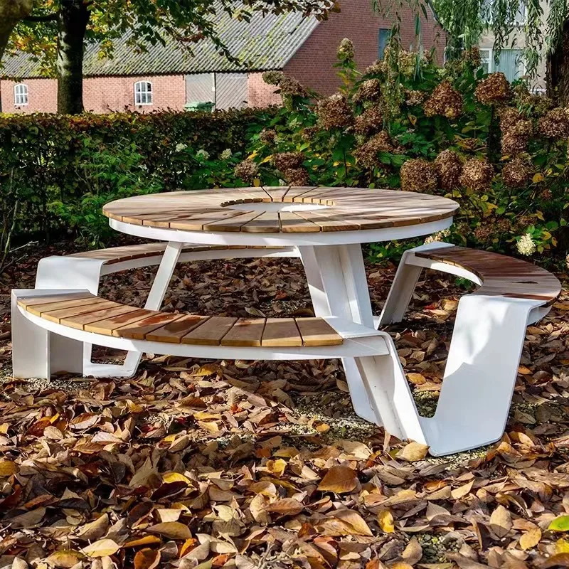 Outdoor stainless steel teak one-piece tables and chairs, deck tables and chairs in public places of scenic resorts