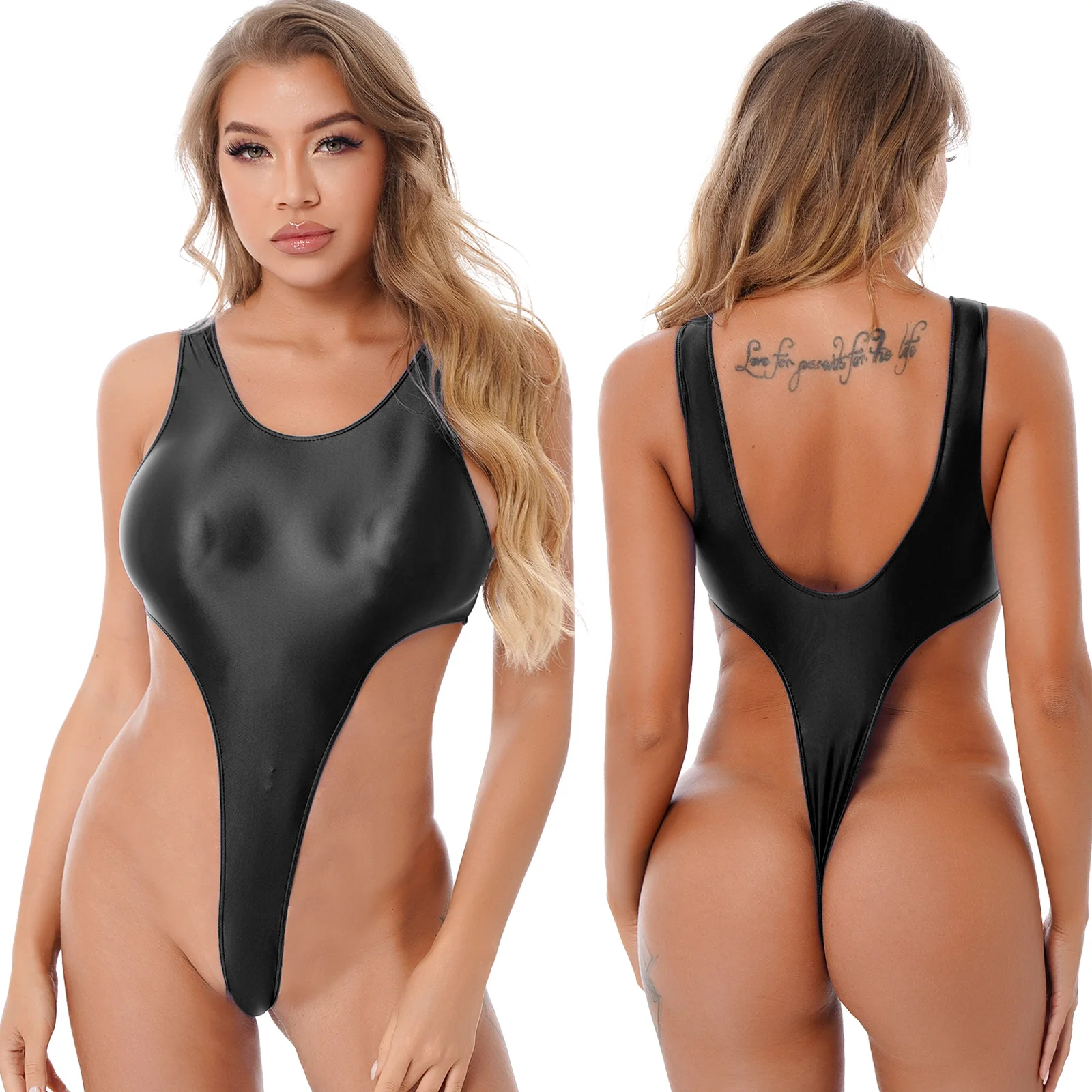 Women Glossy Sexy Bodysuit Swimwear Beachwear Backless High Cut Jumpsuit Sportswear Swimsuit Bathing Suit Swimming Costume