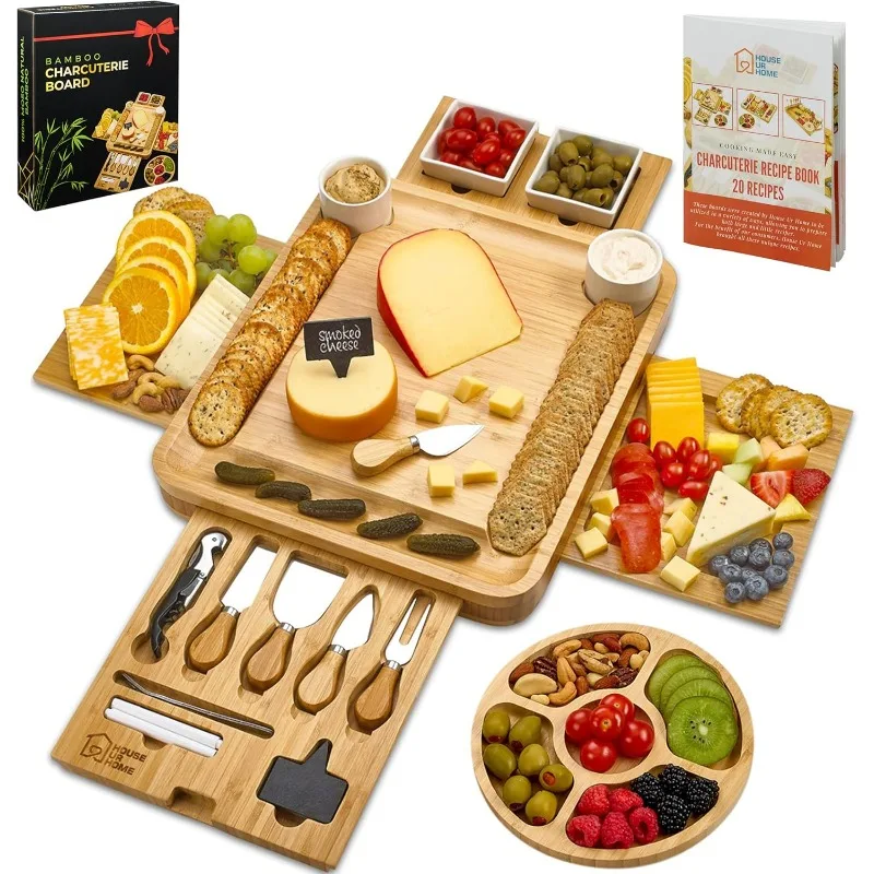 Large Charcuterie Board Set - Bonus Recipe Book - 2 Ceramic Bowls & Plates, 4 Magnetic Drawers Bamboo Cheese Knife Set