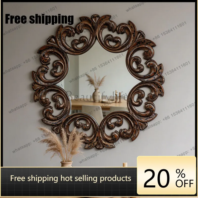 LD European classical style wall-mounted entrance decorative mirror retro hollow carved dining side mirror