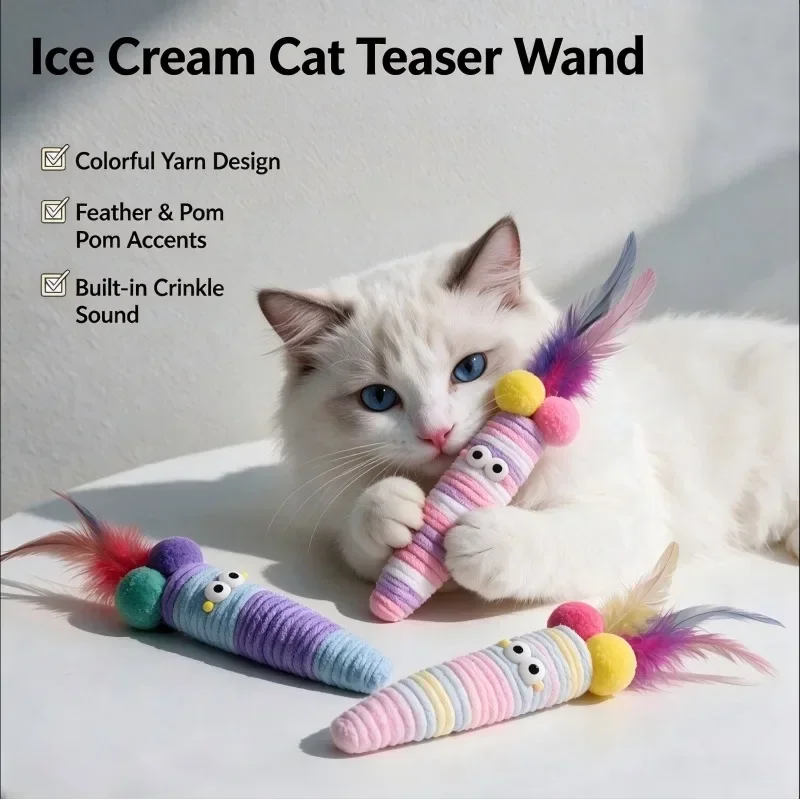 1/2Pcs Ice Cream Cat Teasing Stick Feather Making Cat Toy Self Entertaining Scratch Resistant Grind Teeth Interactive Cat Toy