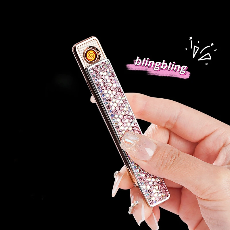 Cute Windproof Ultra-thin Tungsten Wire Lighter Compact Minimalist Diamond Studded USB Charging Electric Lighter for Women Gifts