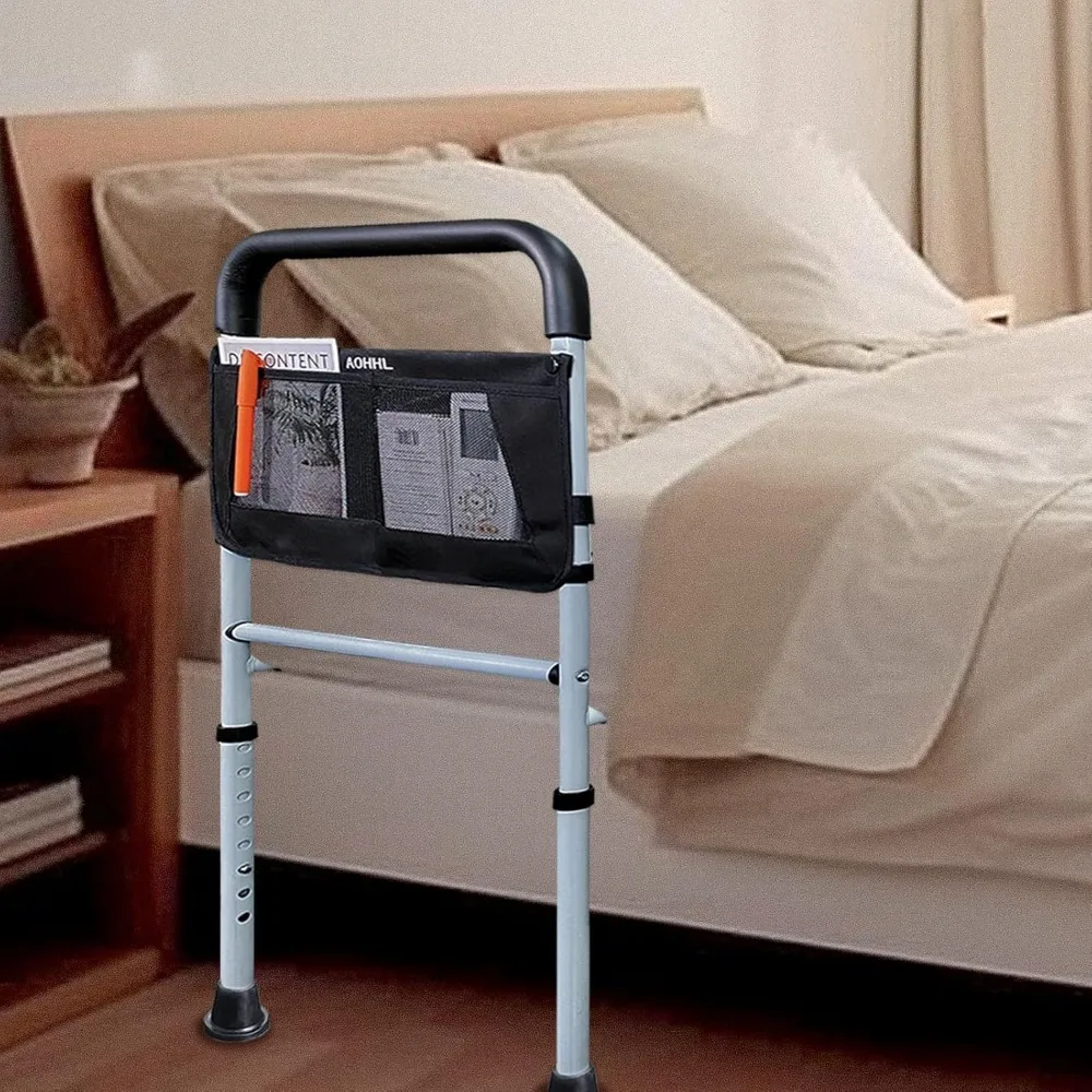 Rieles de cama ajustables para seguridad de personas mayores con bolsillo de almacenamiento, diapositivas debajo del colchón, gris