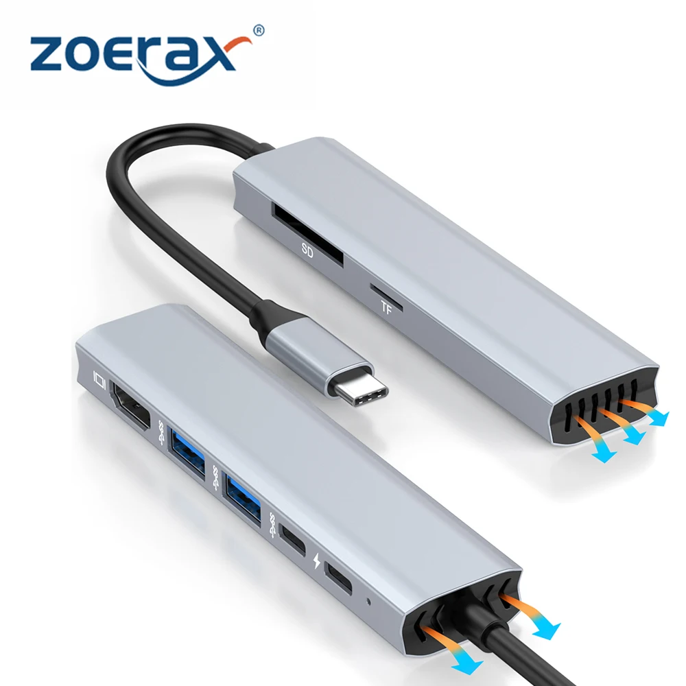 

ZOERAX 7-в-1 Hub Type-C — USB-C — HDMI (4K), 2x USB 3.0, устройство чтения карт TF/SD, Type-C, PD зарядка для ноутбуков и планшетов